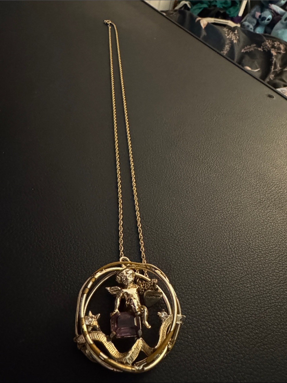 Gold-Tone Angel Pendant Necklace with Purple Stone Accent